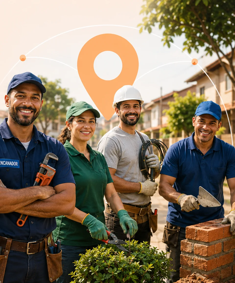 Encanador, jardineira, eletricista e pedreiro sorrindo em uma rua residencial